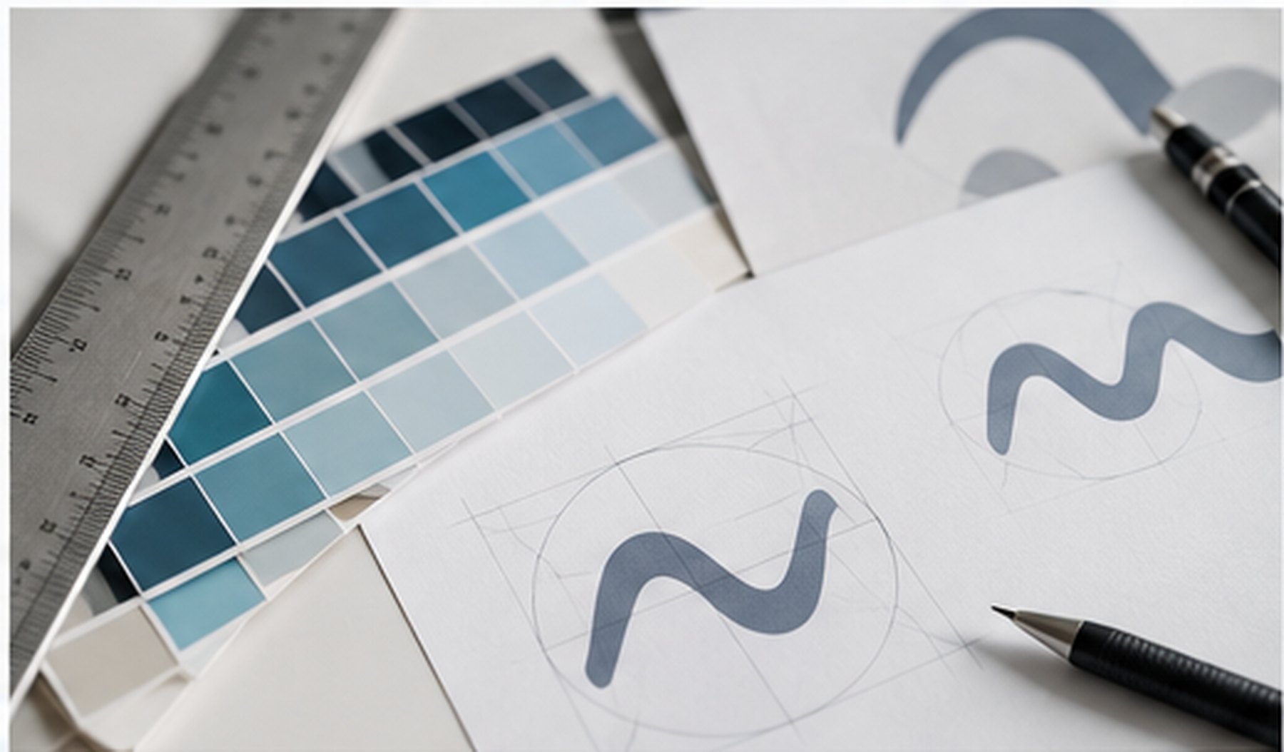 Logo-Skizzen und Farbfelder auf einem Design-Arbeitsplatz