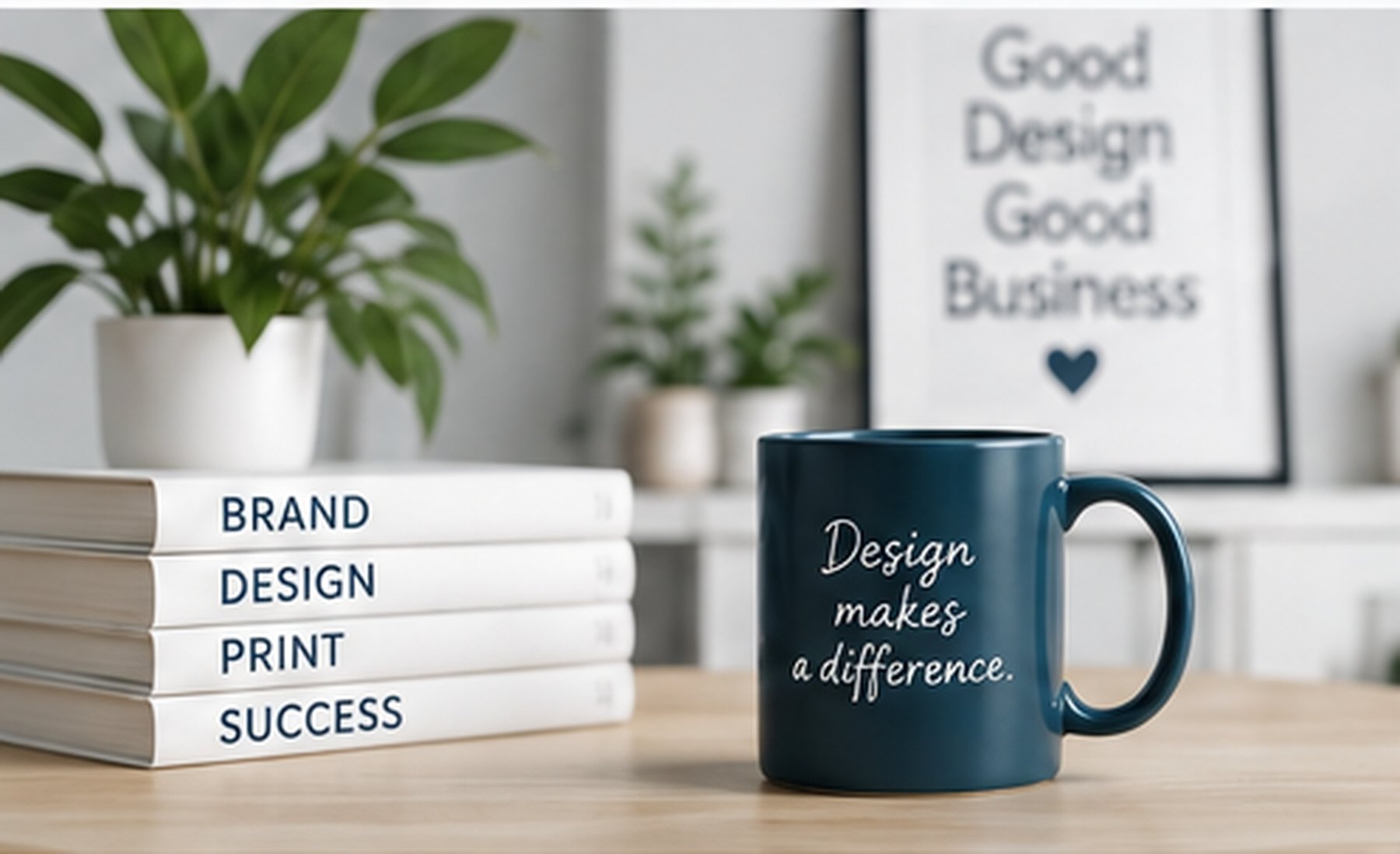 Designstudio mit Büchern, Pflanze und Tasse